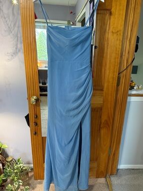 Azazie Leonis Steel Blue. Maid of Honor. Bridesmaid.